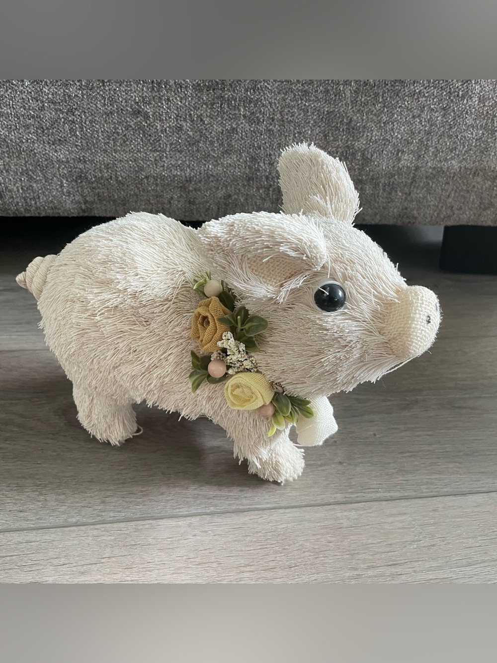 Plush Cream Decorative Pig with Floral Collar
